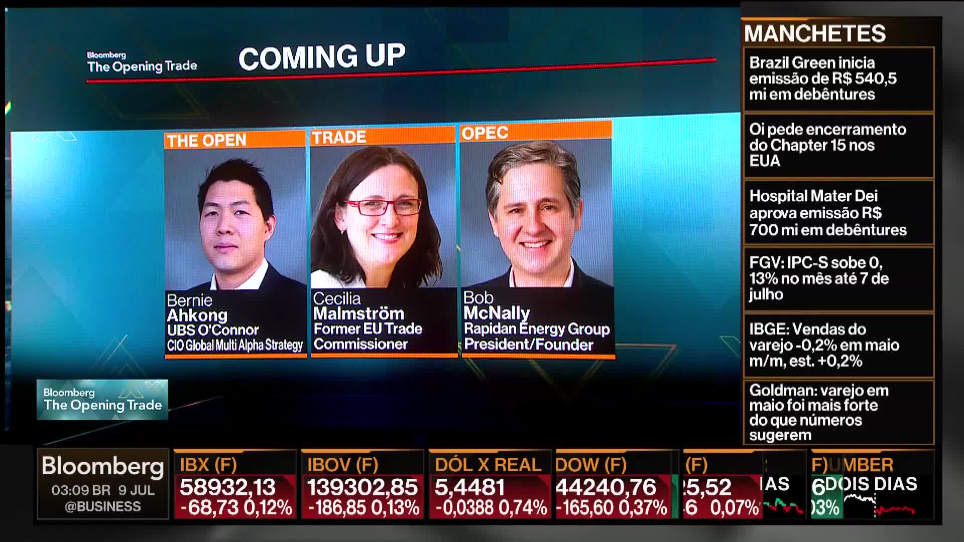 On Bloomberg TV, the screen displays the words "COMING UP" above three headshots. Below, the financial news ticker scrolls with market data as the program prepares to discuss the open, trade, and OPEC.
