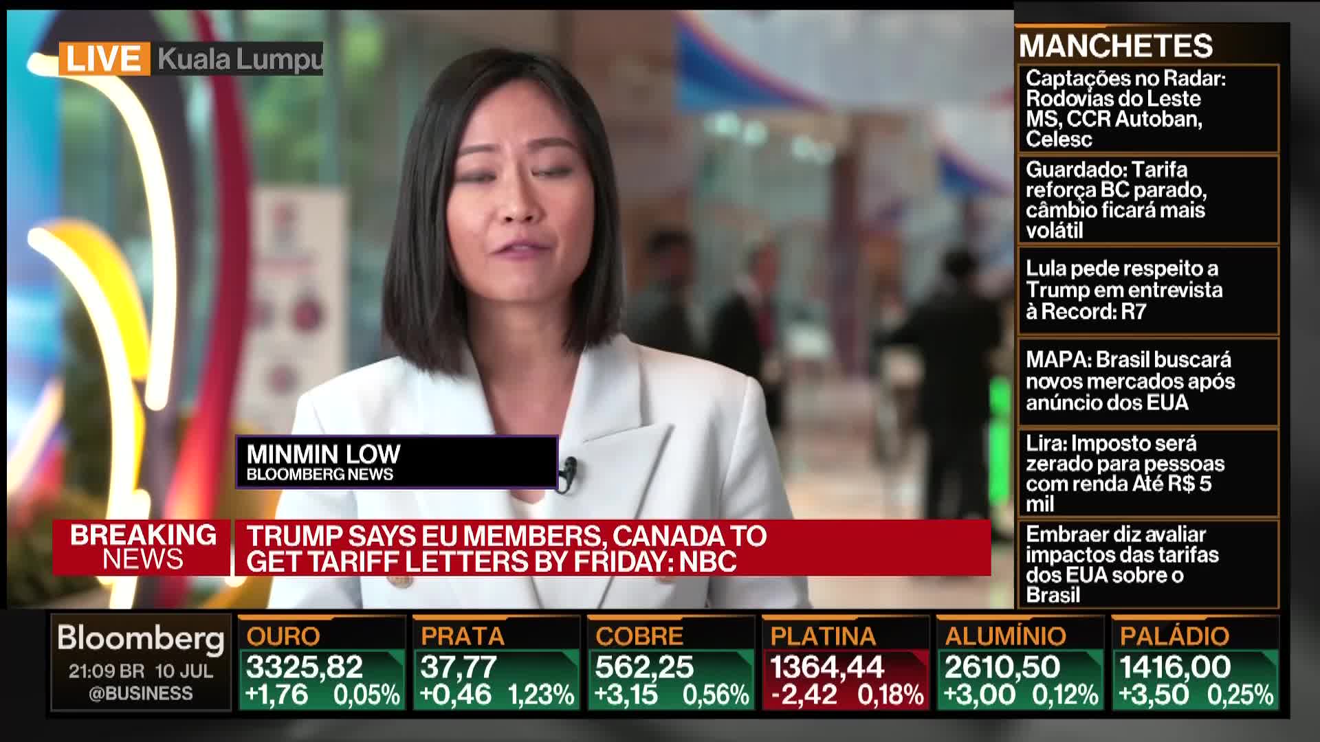 Minmin Low, a Bloomberg News correspondent, is speaking directly to the camera from Kuala Lumpur. Below her, a red banner announces that Trump says EU members and Canada will get tariff letters by Friday.
