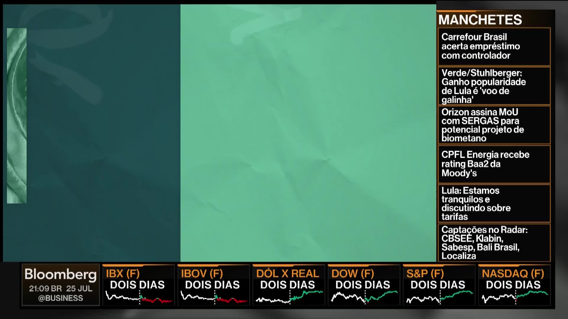 On Bloomberg TV, a list of headlines scrolls down a dark, right-hand column. The bottom of the screen displays market data from the United States.
