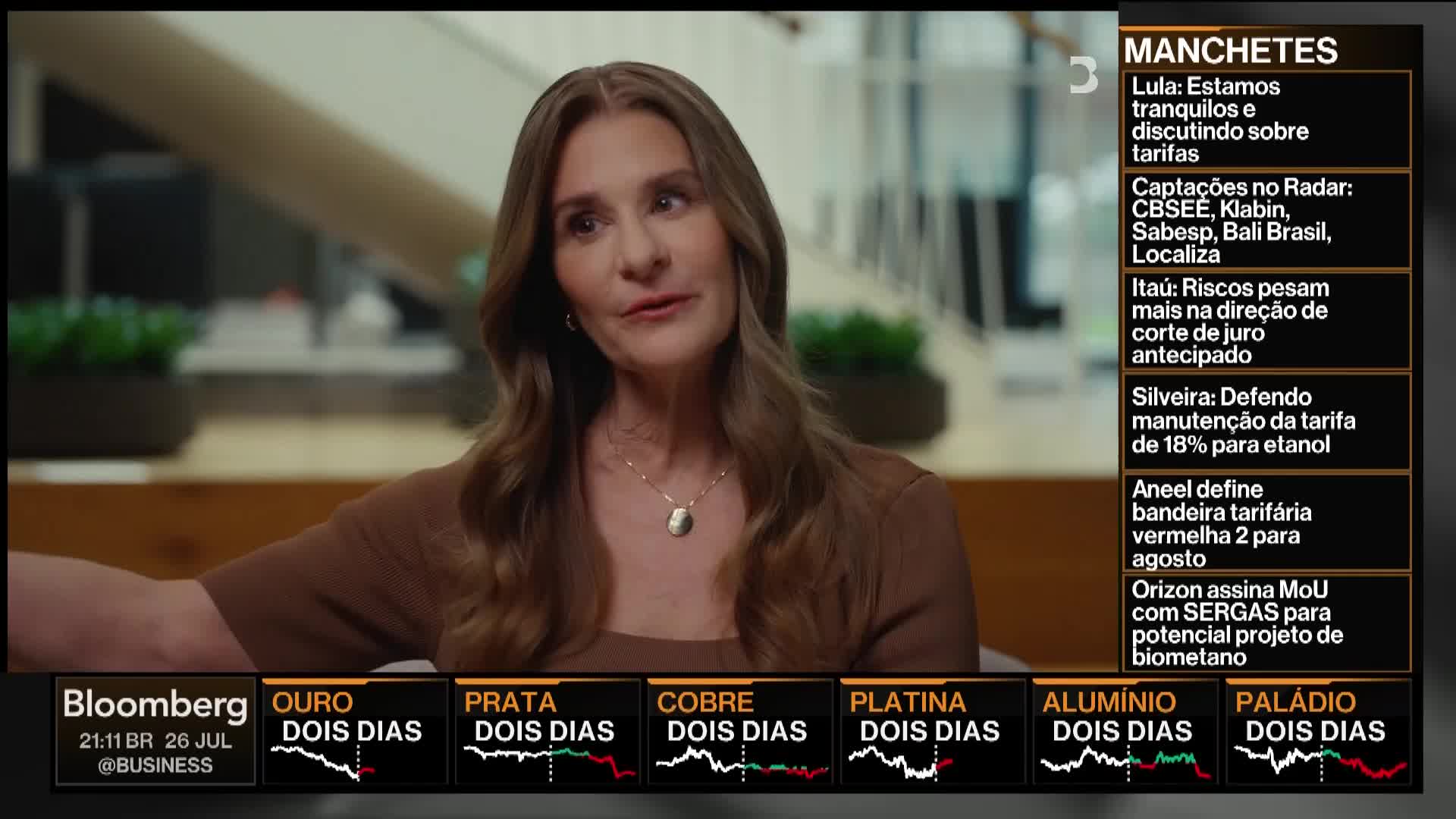 On Bloomberg TV, a woman in a brown top gestures as she speaks. Below, the financial news ticker displays market data for various commodities.
