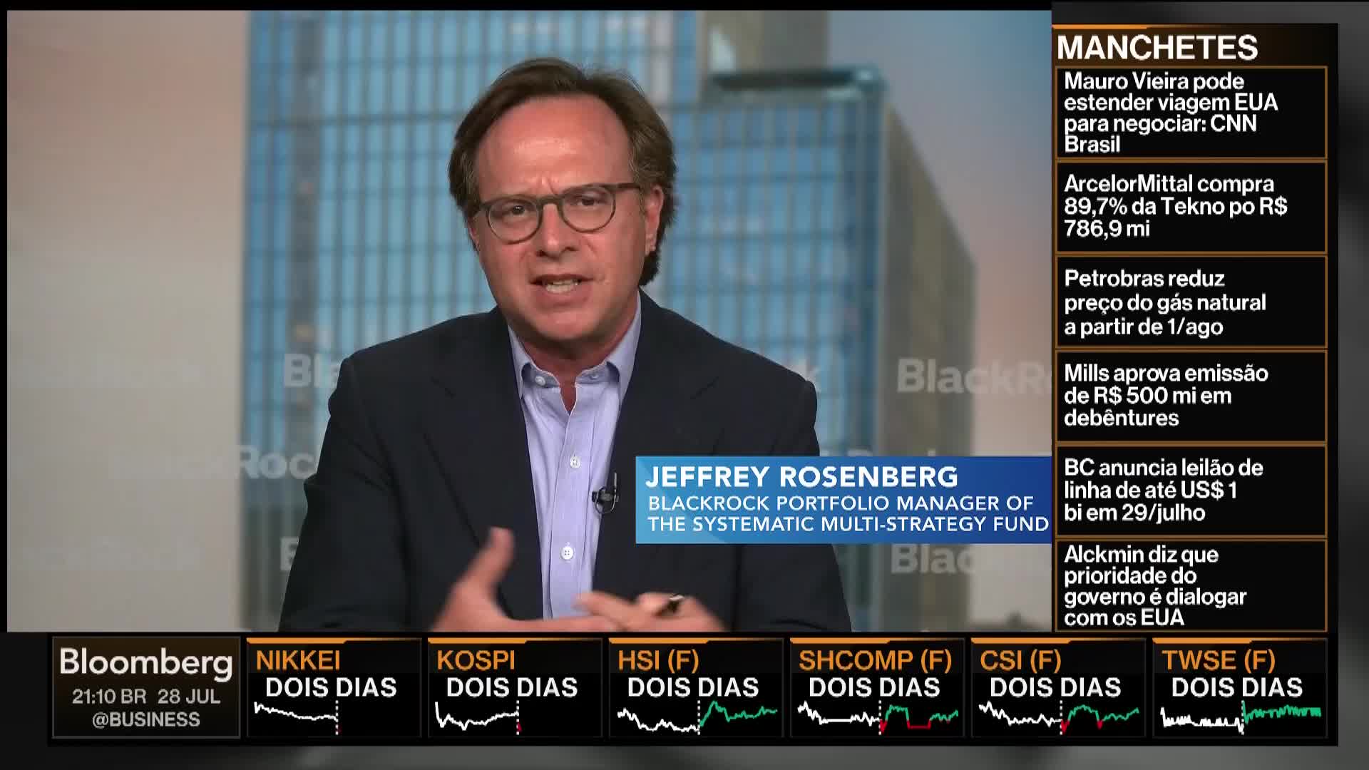 On Bloomberg TV, Jeffrey Rosenberg, a BlackRock portfolio manager, gestures with his hands as he speaks. Headlines about the United States and Brazil, along with market data, scroll on the screen beside him.
