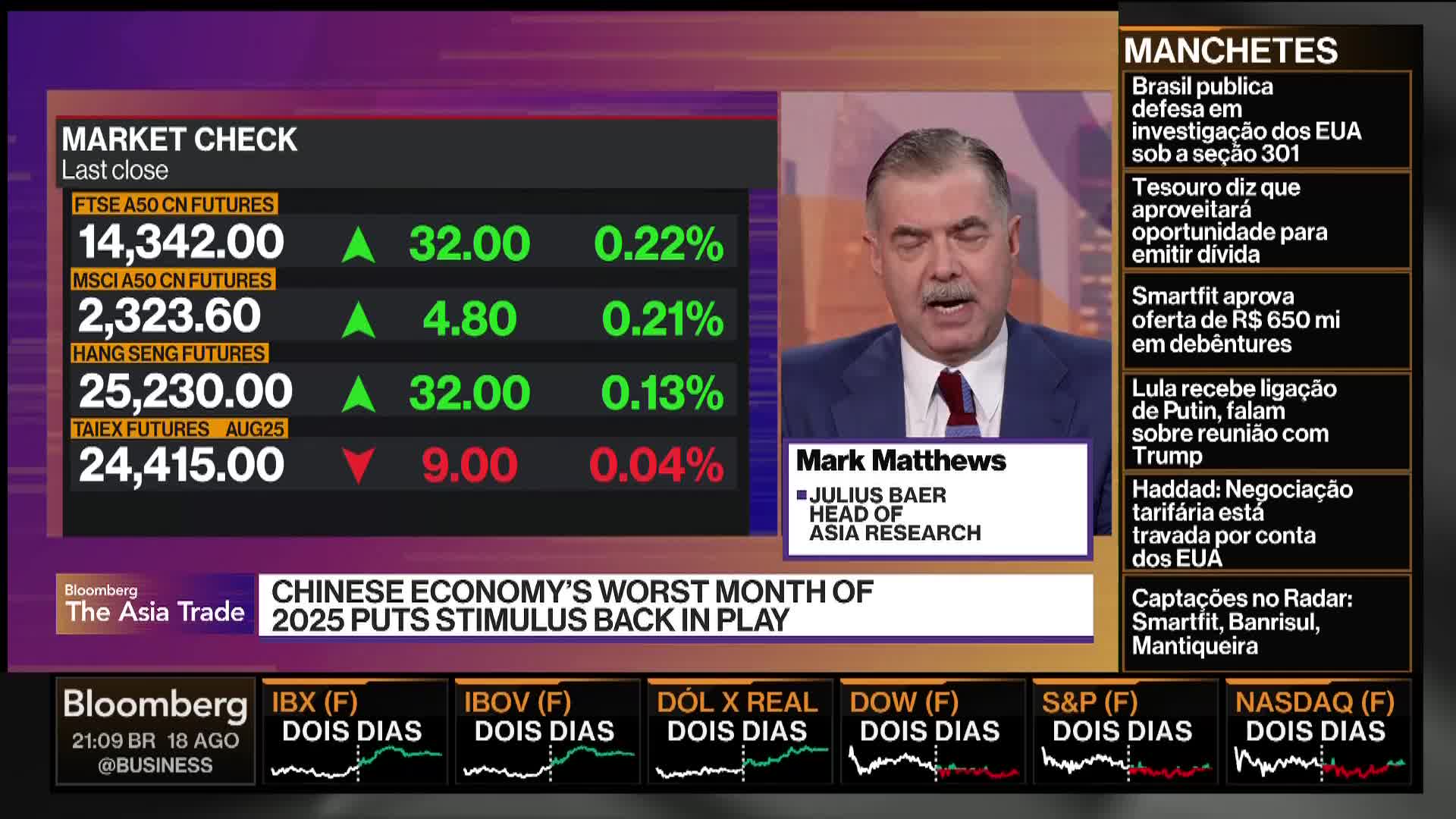 A man in a suit is speaking on Bloomberg TV, his name and title displayed below him. To his left, stock market data is shown, with green and red numbers indicating gains and losses.
