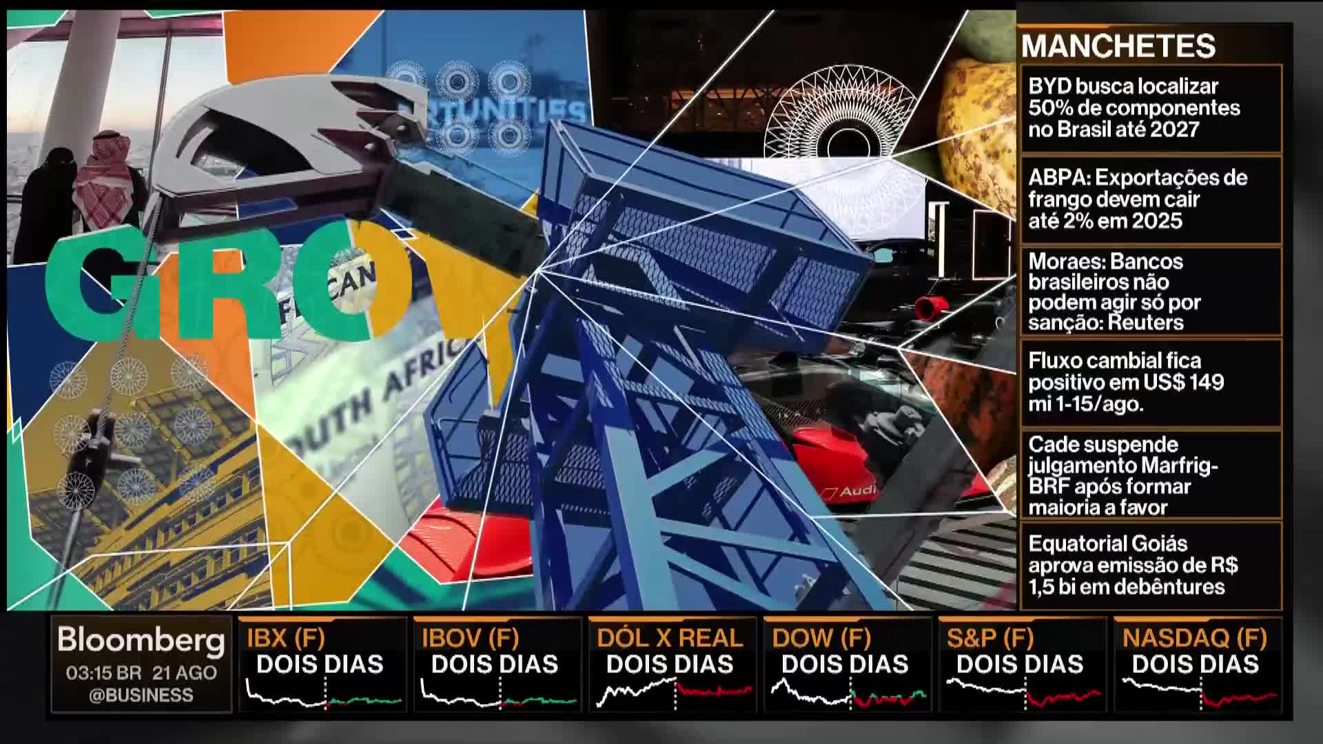 A collage of images, including a car and a structure, is overlaid with text and graphics. The Bloomberg TV logo and stock market tickers are visible at the bottom.
