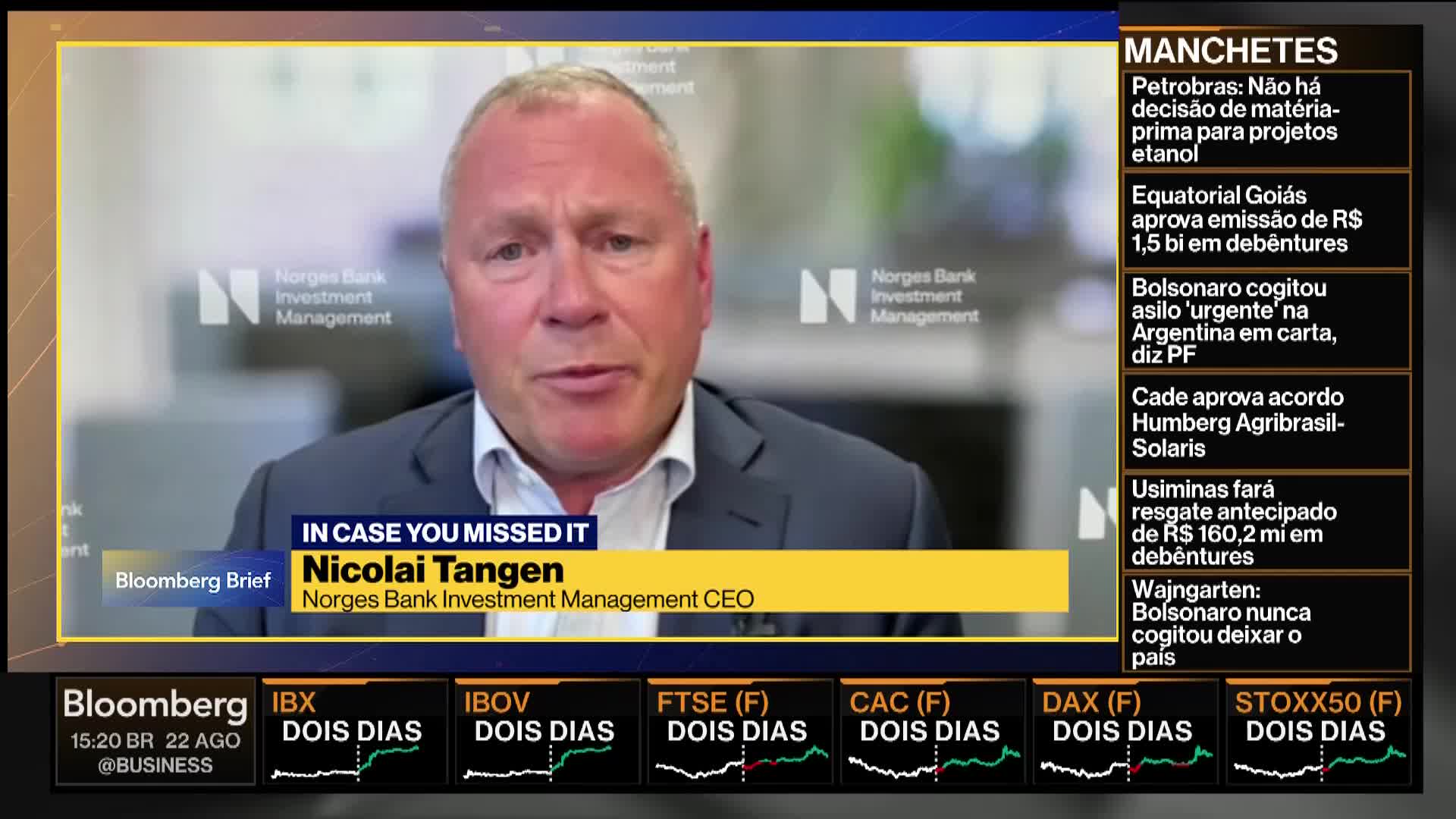 A man in a dark suit is speaking, his face filling the screen on Bloomberg TV. Below him, a yellow banner identifies him as Nicolai Tangen, CEO of Norges Bank Investment Management.
