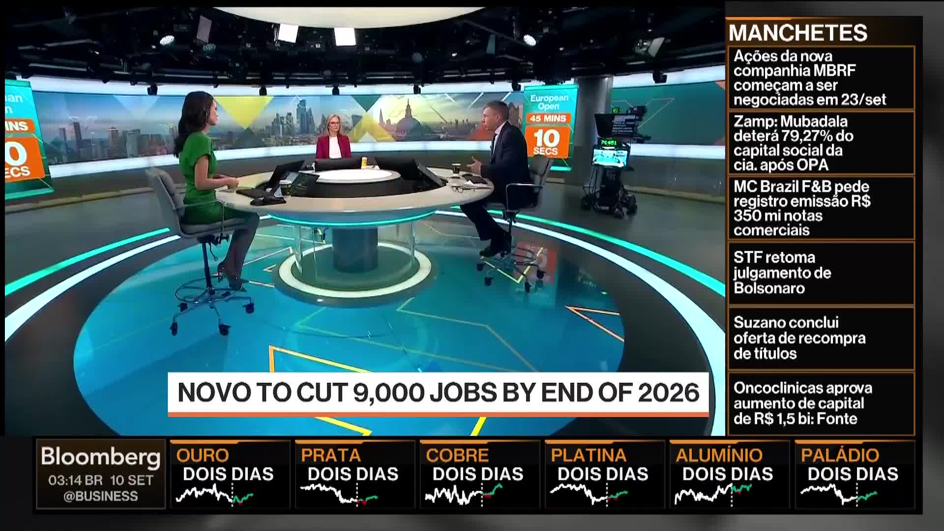 Three people sit around a curved desk on a Bloomberg TV set, discussing financial news. The bottom of the screen highlights the news that Novo will cut 9,000 jobs by the end of 2026.
