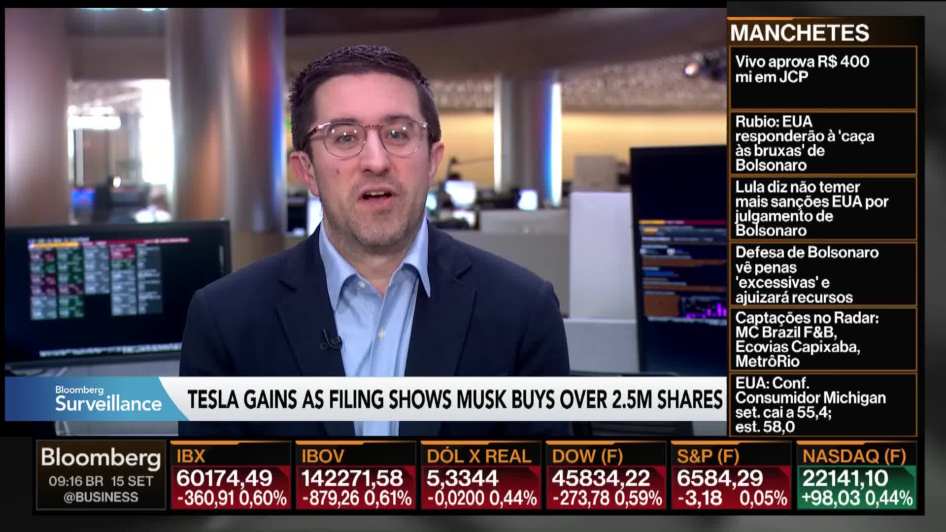 On Bloomberg TV, a man in a suit is speaking to the camera, with stock market data displayed below. Headlines in Portuguese scroll on the right, while the ticker announces Tesla gains.
