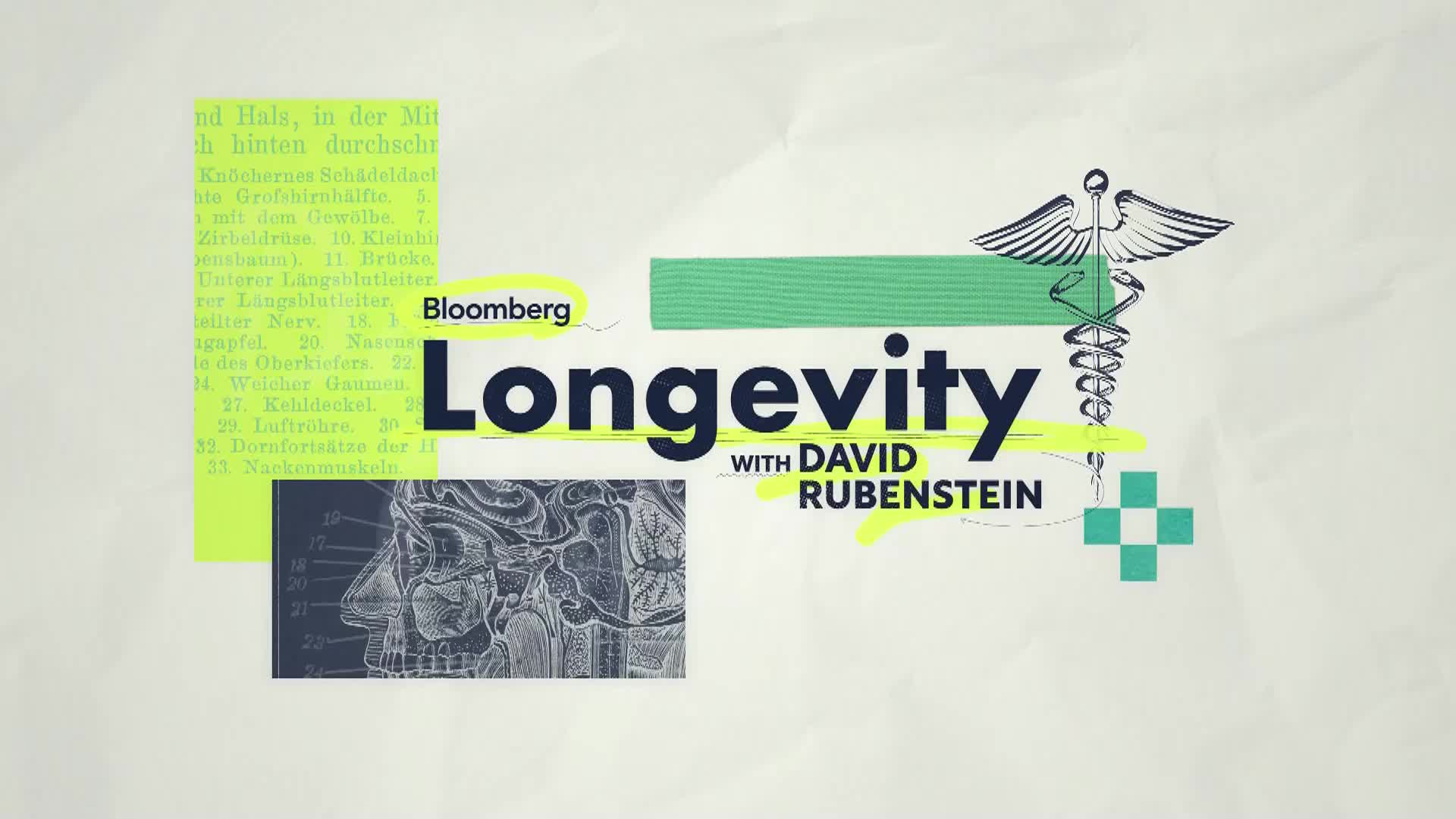 The Bloomberg logo and the word "Longevity" are prominently displayed, underscored by a neon-yellow line. Below, the show's title card introduces "Longevity with David Rubenstein" alongside medical illustrations and the caduceus symbol.
