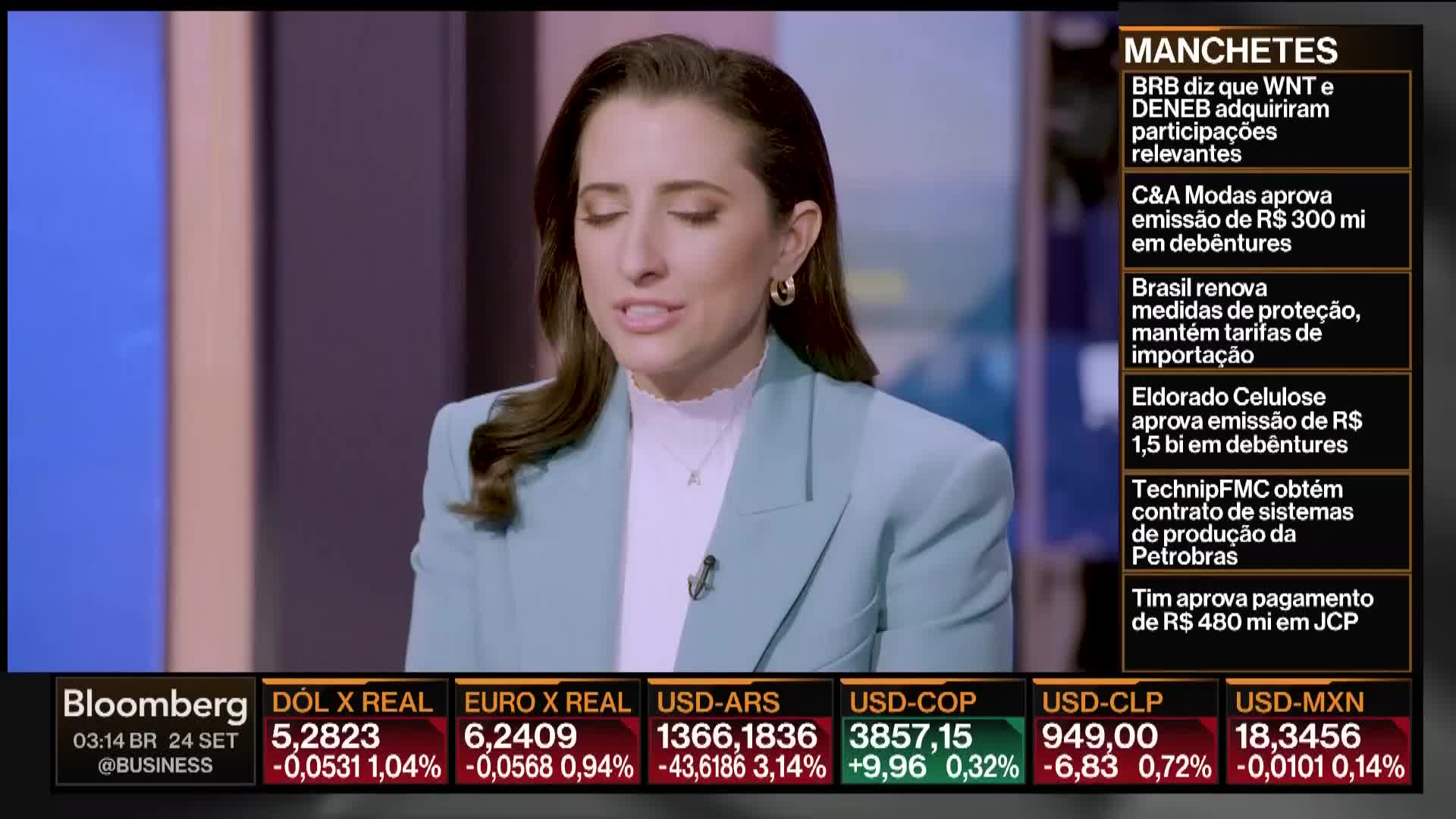 A woman in a light blue blazer speaks directly to the camera, her expression serious as she delivers the news. Below, currency exchange rates scroll across the screen, with a ticker from Bloomberg TV.
