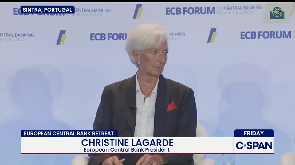 Christine Lagarde, the European Central Bank President, sits on a white chair, looking to her left. A C-SPAN graphic identifies the event as a European Central Bank retreat in Sintra, Portugal.
