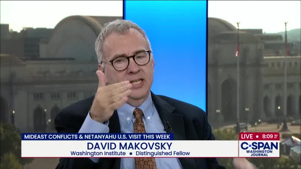 David Makovsky, on C-SPAN, gestures with his right hand, his index finger extended as he speaks. A chyron identifies the topic as "Mideast Conflicts & Netanyahu U.S. Visit This Week."
