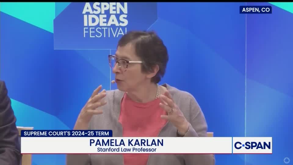 Pamela Karlan gestures with her hands, speaking into a microphone at the Aspen Ideas Festival. A C-SPAN logo appears in the corner, indicating the broadcast from the United States.
