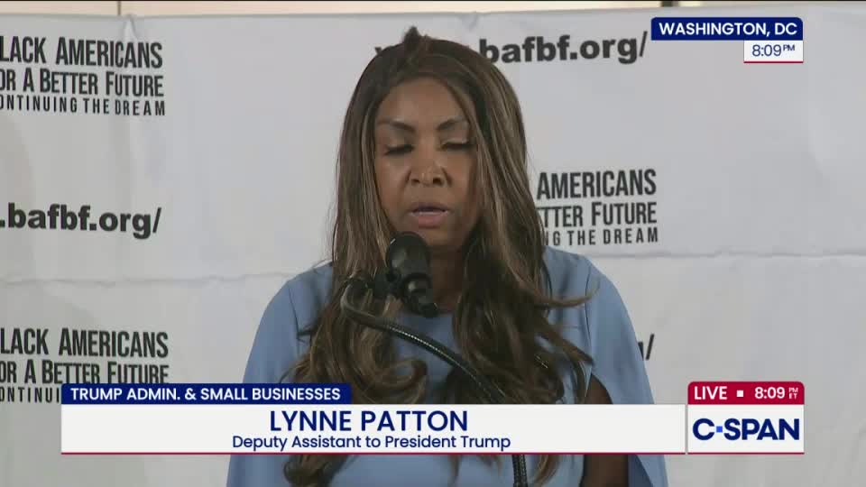 Lynne Patton, identified as Deputy Assistant to President Trump, speaks into a microphone. C-SPAN broadcasts the event live from Washington, D.C.

