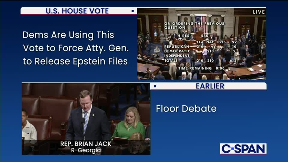 On C-SPAN, the screen shows a live feed of the U.S. House of Representatives, with a side panel displaying vote tallies. A graphic explains the vote's purpose, while a separate segment shows a debate from earlier.
