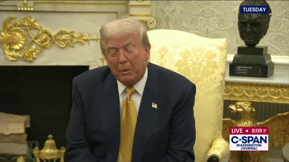 The former president is seated in a gilded chair, speaking, his eyes closed. C-SPAN's logo is in the bottom right corner, broadcasting live from Washington.
