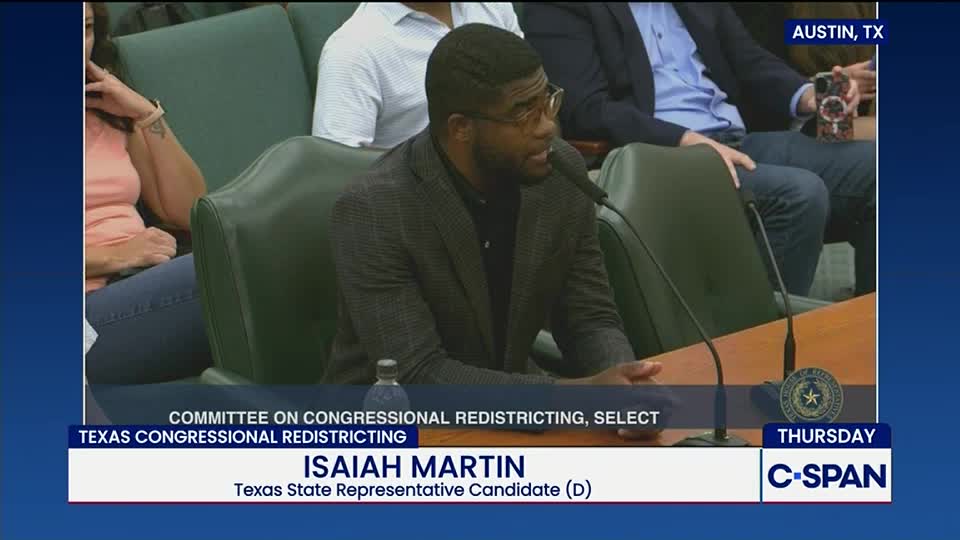 Isaiah Martin, a Texas State Representative candidate, speaks into a microphone at a hearing. C-SPAN is broadcasting live from Austin.
