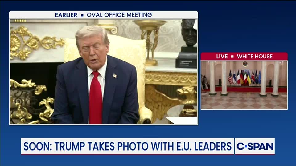 On C-SPAN, the former U.S. President is speaking in the Oval Office, while a live feed shows flags of European nations in the White House. The screen announces a photo session with E.U. leaders is upcoming.
