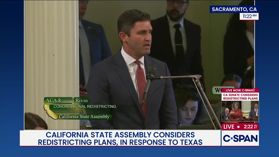 A man in a suit stands at a podium, speaking into a microphone. The C-SPAN logo is visible, indicating the California State Assembly is considering redistricting plans.
