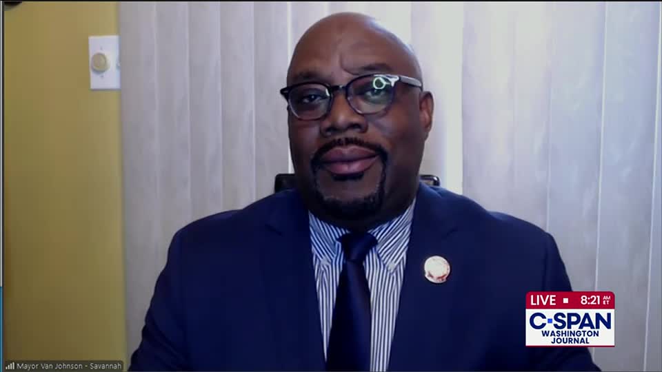 The Mayor of Savannah, Van Johnson, is on C-SPAN's Washington Journal. He's wearing a blue suit and tie, looking directly into the camera.
