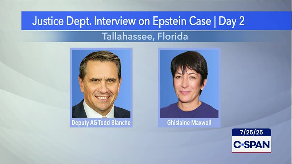 Two headshots, side-by-side, are displayed on the C-SPAN screen, labeled with names and titles. The graphic identifies the subject as a Justice Department interview on the Epstein case, taking place in Tallahassee, Florida.
