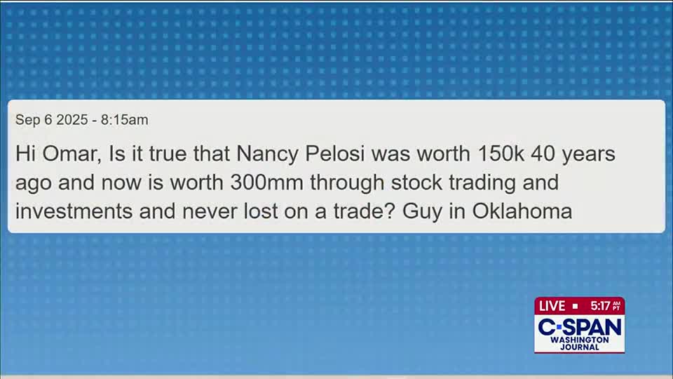 A question about Nancy Pelosi's wealth, sent at 8:15 am, is displayed on a screen. The C-SPAN Washington Journal logo is in the bottom right corner, and the broadcast is live.
