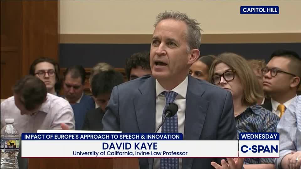 David Kaye, an Irvine Law Professor, is speaking into a microphone, gesturing with his hands. Behind him, a group of people listen intently, the scene broadcast on C-SPAN from Capitol Hill.
