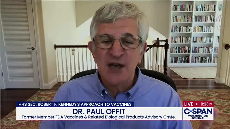 Dr. Paul Offit is speaking on C-SPAN, discussing Robert F. Kennedy's approach to vaccines. He's seated in front of a bookshelf, with a lower third graphic identifying him and the topic.
