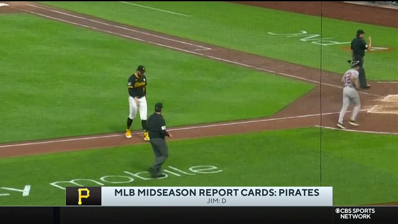 The umpire is jogging toward the batter's box as the runner heads toward first. A Pirates player stands near the first base line, watching the play unfold.
