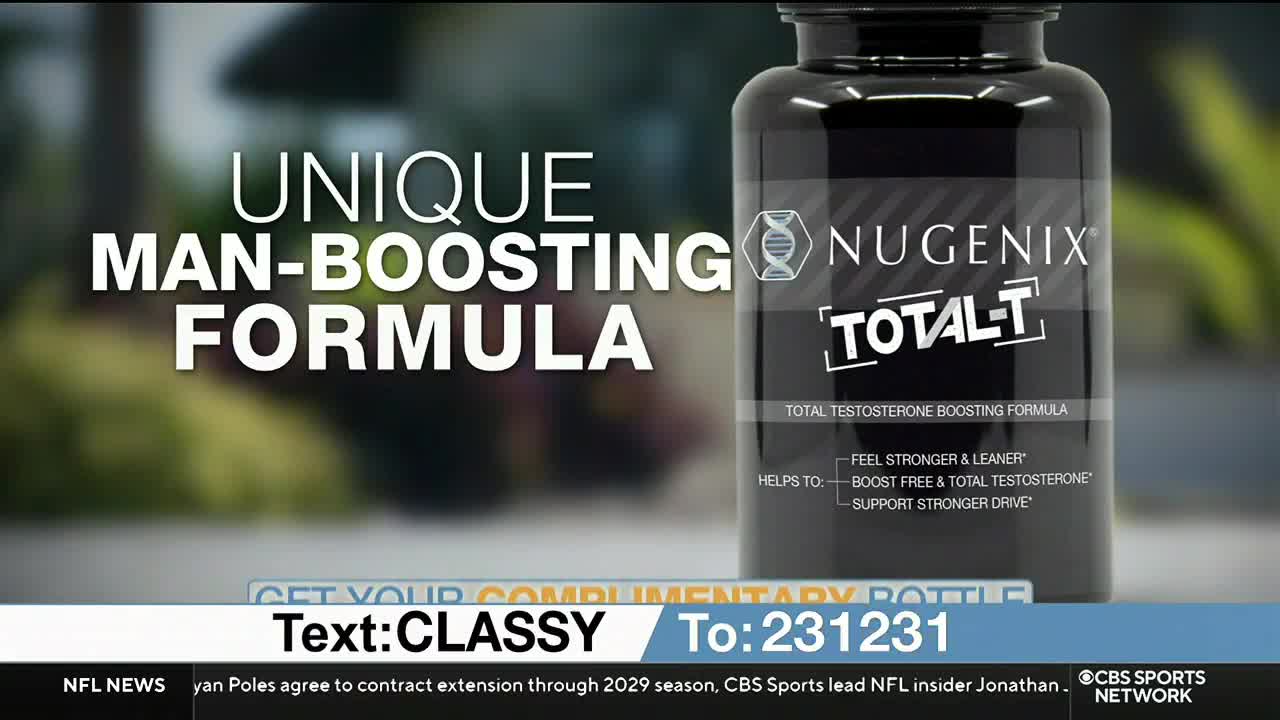 A product advertisement for Nugenix Total-T is on display, with a large bottle of the supplement front and center. The CBS Sports Network logo is visible in the corner, and a text message call to action is at the bottom.
