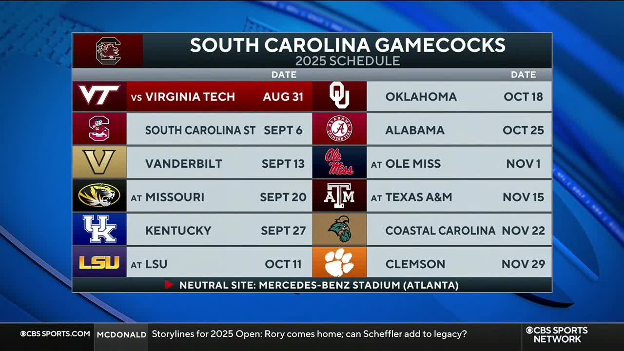 On CBS Sports Network USA, a schedule for the South Carolina Gamecocks' 2025 season is displayed. The list of dates and opponents runs down the screen, with logos for each team.

