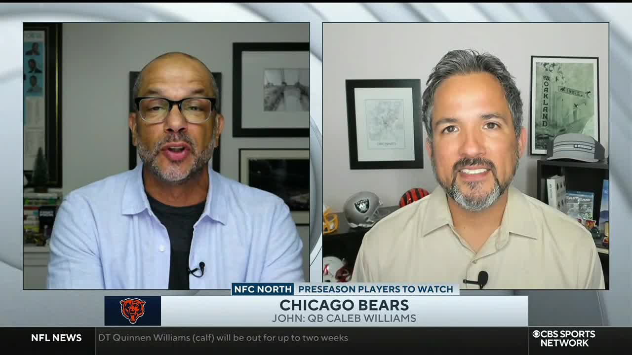 Two men on CBS Sports Network USA are discussing the Chicago Bears. The screen displays "NFC North Preseason Players to Watch" with a graphic about QB Caleb Williams.
