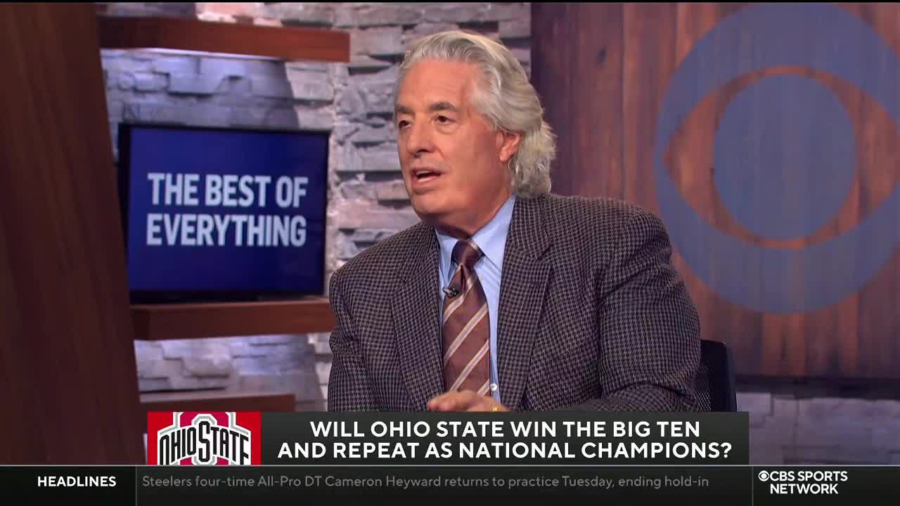 A man in a patterned jacket gestures as he speaks on a CBS Sports Network USA set. The screen behind him reads "The Best of Everything," and a graphic poses a question about Ohio State's chances.
