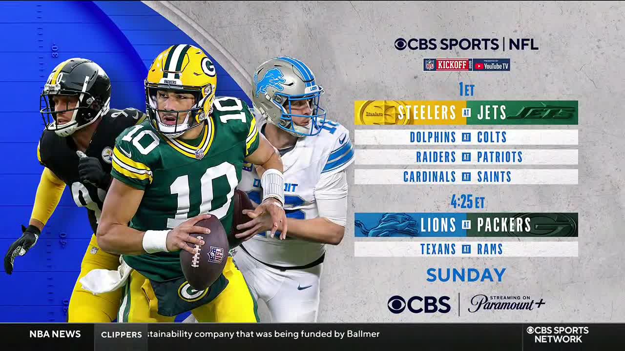 The CBS Sports Network graphic highlights upcoming NFL games. The Green Bay Packers' quarterback, holding the football, is centered next to a list of game matchups.

