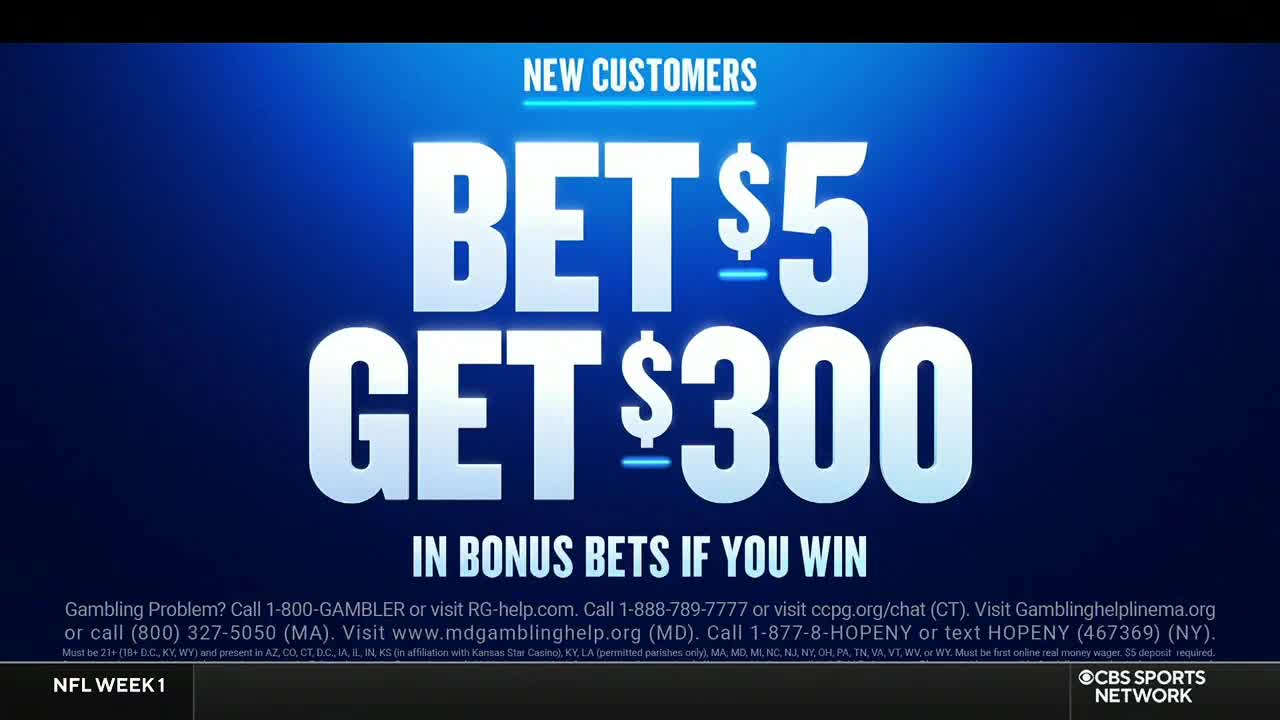 A blue screen displays an advertisement for a betting promotion, with large white text offering a "Bet $5 Get $300" deal. The CBS Sports Network logo is visible in the bottom right corner, along with a disclaimer about gambling problems.
