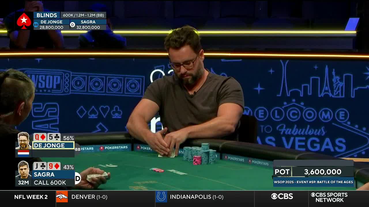 A man with glasses carefully arranges his cards at the poker table, his eyes focused on the green felt. The CBS Sports Network USA broadcast shows the "WSOP 2025 - Event #59 Battle of the Ages" with a pot of 3,600,000.
