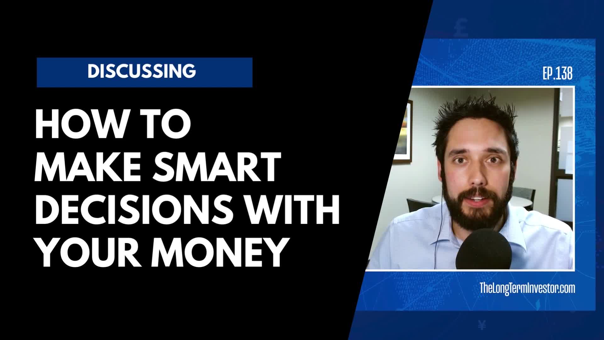 A man with a beard and a microphone is speaking on a video call, likely for a Cheddar News segment. Bold white text on the left side of the screen advertises a discussion about making smart financial decisions.
