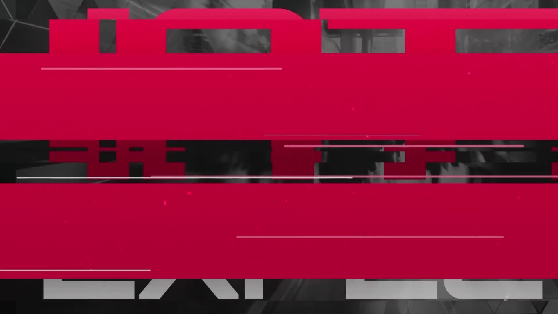 A bold red bar dominates the screen, layered over a fragmented grayscale background. The word "FIRE" is visible in a smaller, black section.
