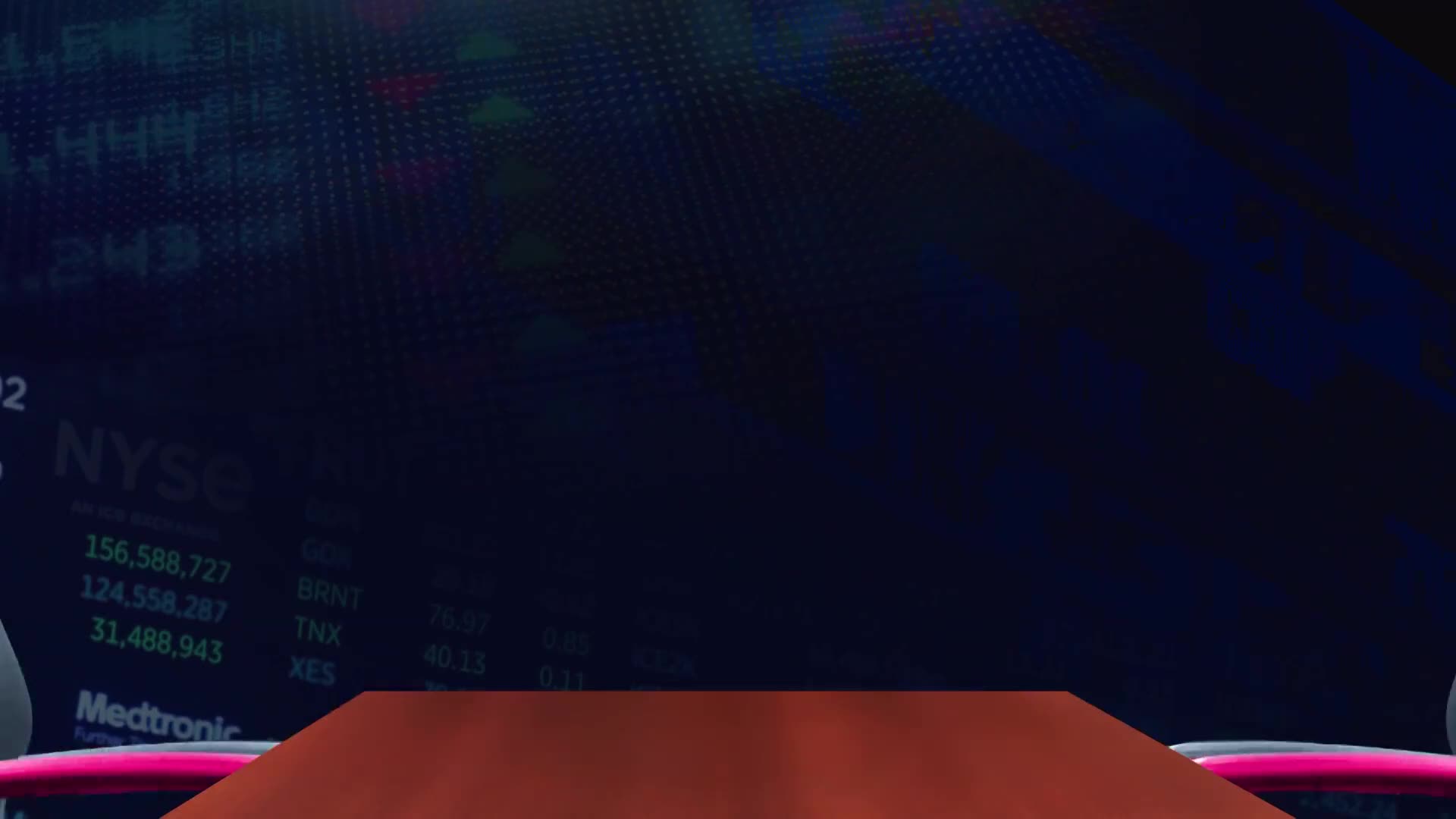 A screen displays stock market data, with the NYSE logo visible. Below, a red table sits in front of a pink and white border.
