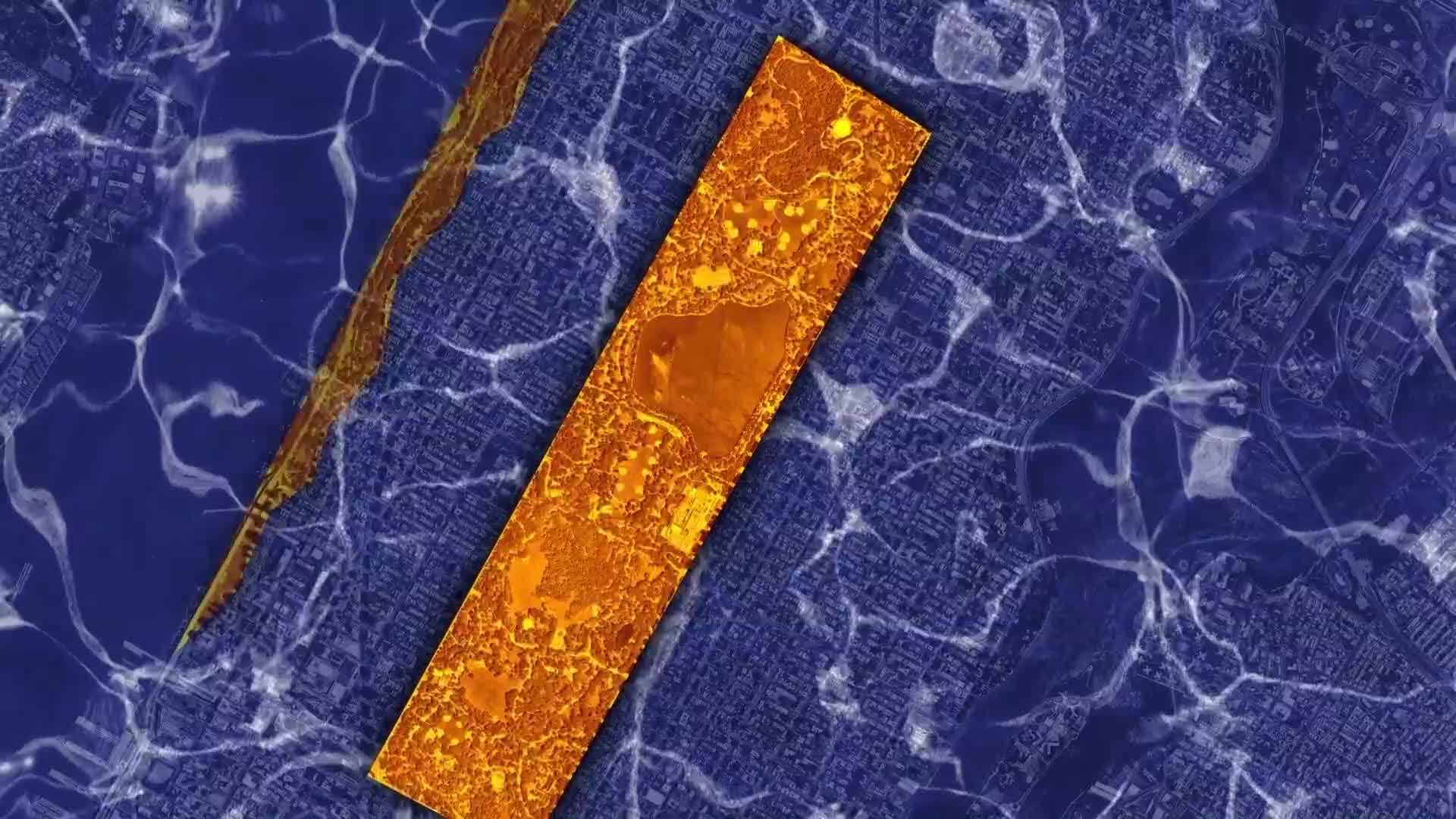 A golden-hued rectangle, likely a landmass, cuts across a blue expanse with rippling white lines. The image appears to be a stylized map, possibly depicting a coastal area.
