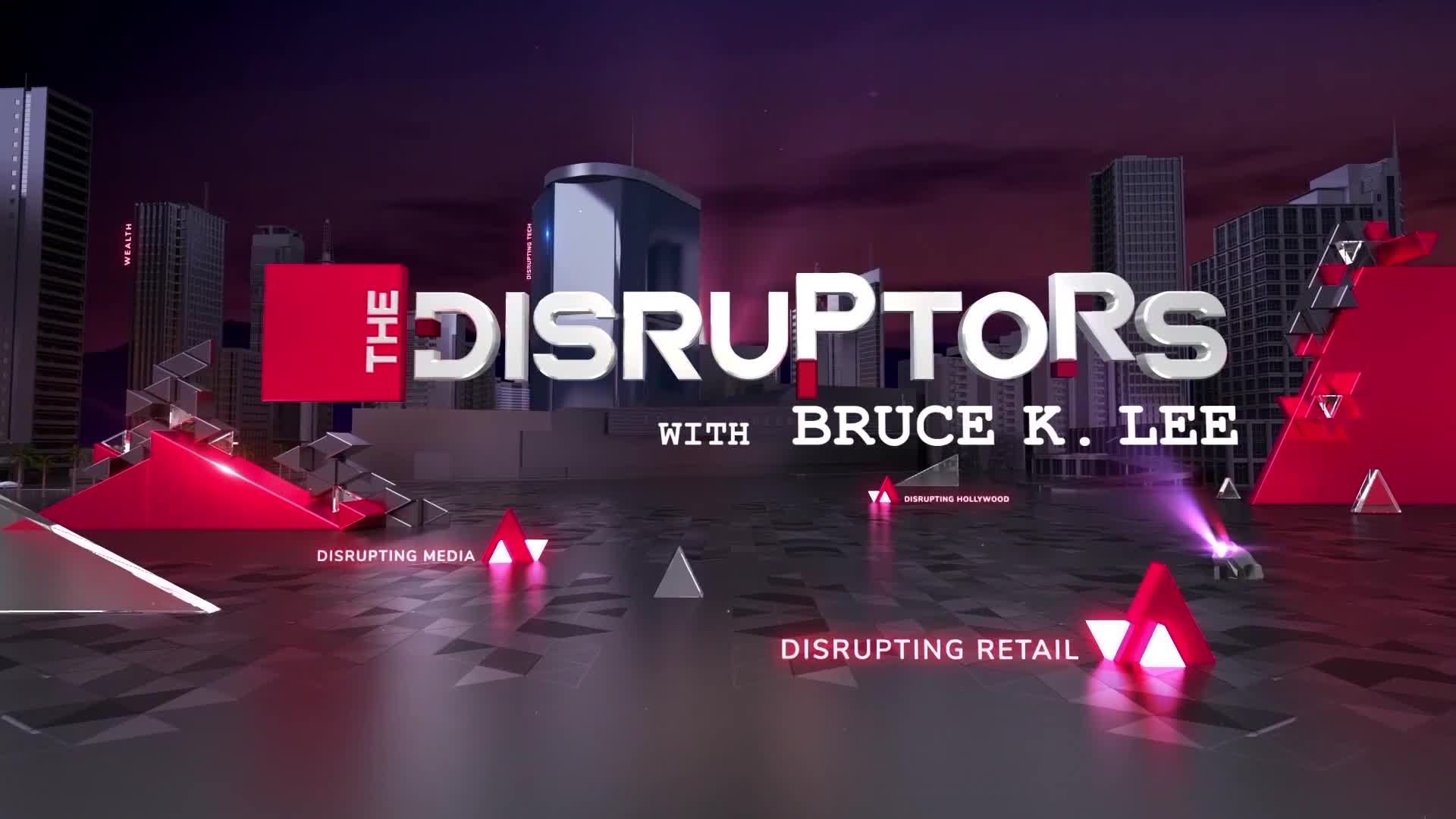The title "The Disruptors" with Bruce K. Lee appears in bold white letters, set against a cityscape backdrop. Geometric shapes and spotlights add a futuristic feel to the Cheddar News graphic.

