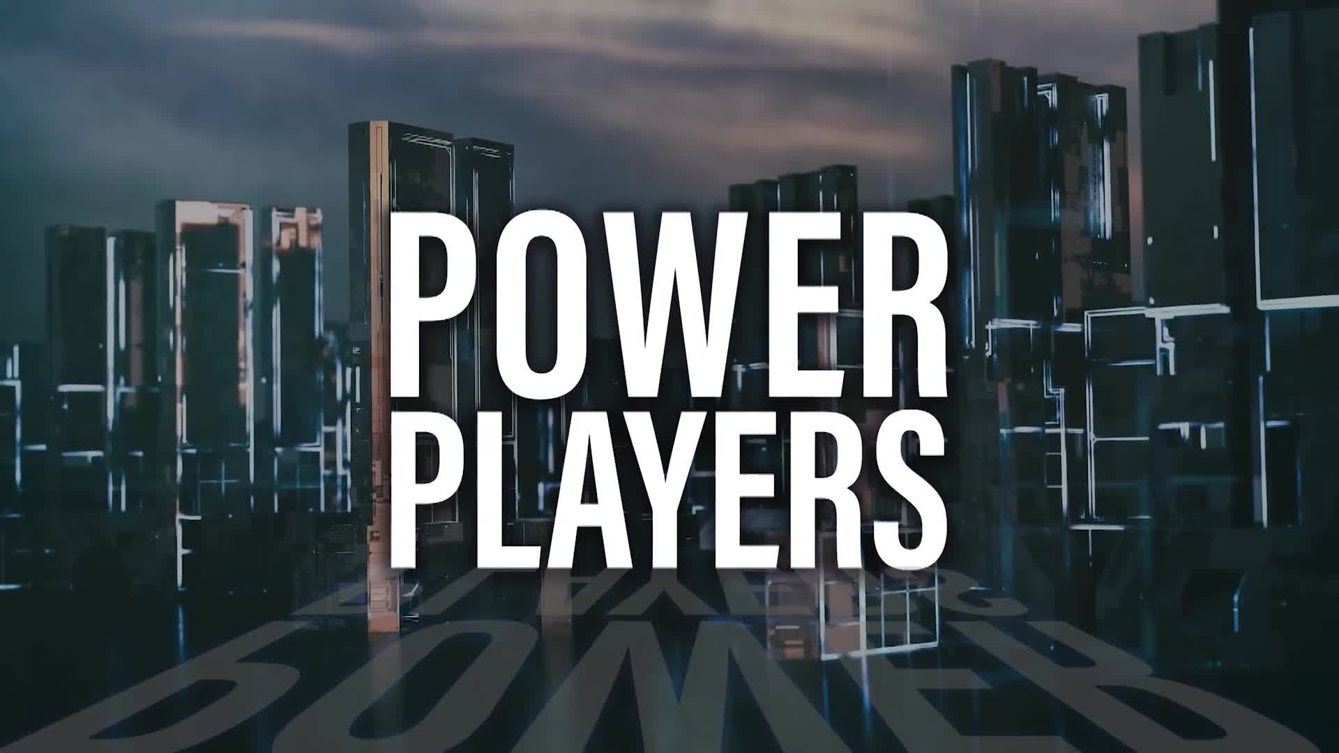 "POWER PLAYERS" is emblazoned in bold, white letters against a backdrop of stylized skyscrapers. The buildings are dark and reflective, with a hazy, overcast sky above.
