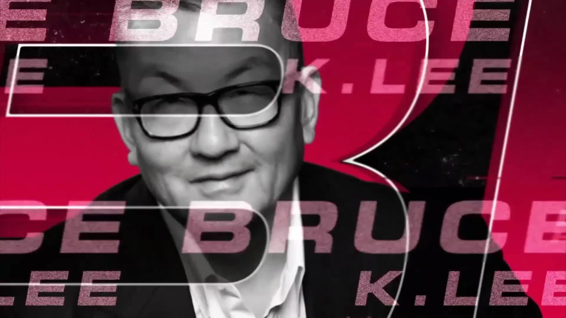 The image shows a man with glasses, his face partially obscured by overlaid text. "Bruce K. Lee" is repeated in a bold, stylized font across a red and black background.
