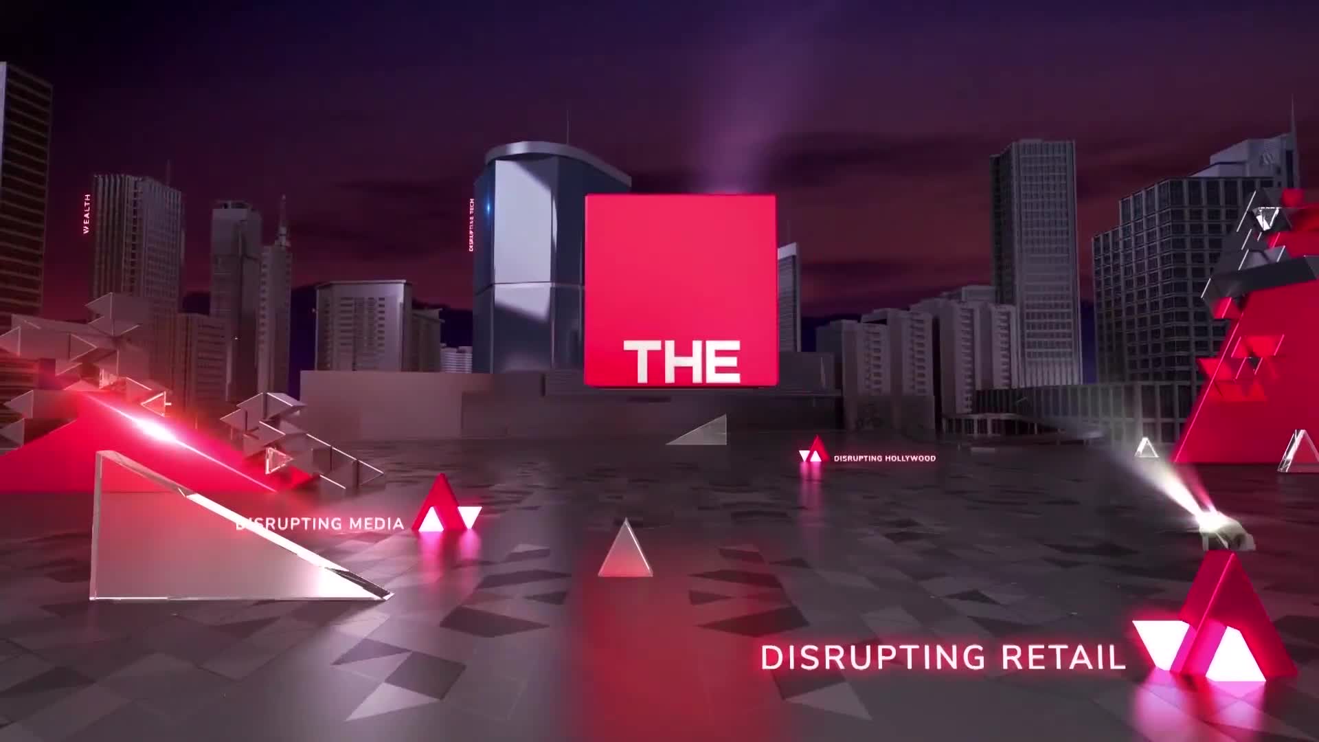 A large red square with "THE" in white letters floats above a stylized cityscape. Geometric shapes and lines of light radiate from it, with the words "DISRUPTING RETAIL" visible below.
