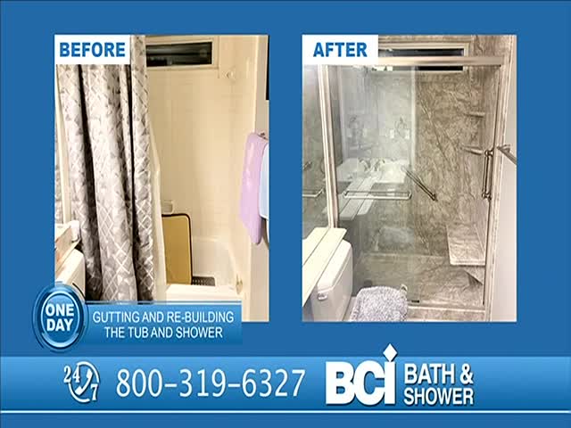 A "before and after" comparison of a bathroom remodel is displayed, with a drab, curtained tub on the left and a modern, glass-enclosed shower on the right. Below, a phone number and company logo for "BCI Bath & Shower" are visible.
