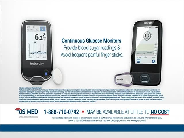 Two black devices display readings on their screens, alongside white sensors. The ad, seen on CNBC World, promotes continuous glucose monitors from US MED, promising to avoid finger sticks.

