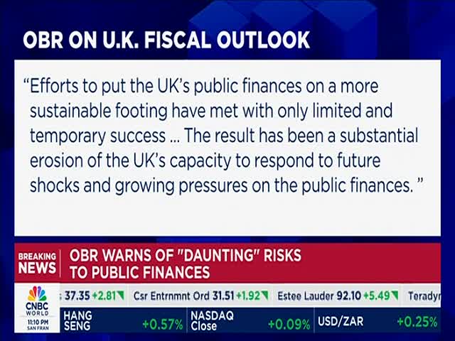 A CNBC World graphic displays a quote about the UK's fiscal outlook, with a headline warning of "daunting" risks. The bottom ticker shows stock market data, including the Hang Seng index.
