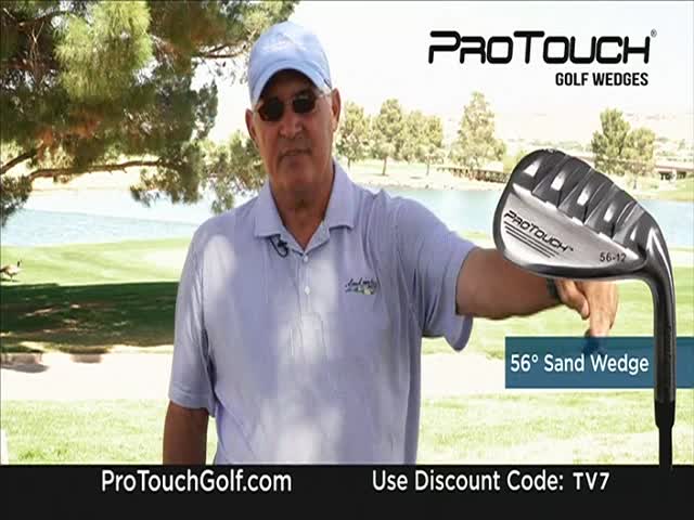 A man in a light blue shirt and cap holds up a golf club, showing it off to the camera. The CNBC World advertisement promotes the ProTouch Golf Wedges, with a discount code displayed at the bottom.
