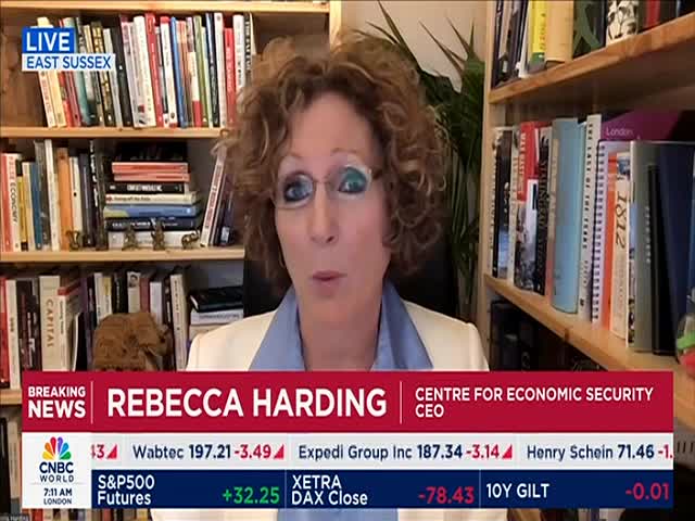 Rebecca Harding, CEO of the Centre for Economic Security, speaks from East Sussex on CNBC World. The lower third displays stock market data, including the S&P 500 Futures.
