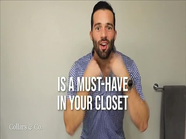 A man in a blue and white checkered shirt gestures excitedly, his hands near his collar. Text on the screen proclaims that something is a "must-have in your closet."
