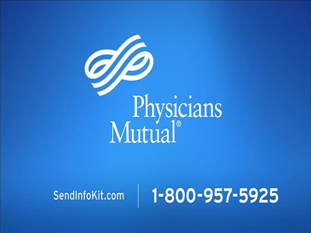 A blue screen displays the Physicians Mutual logo and contact information. The white text and symbol stand out against the solid background.
