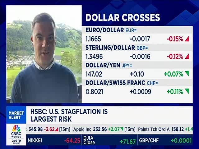 A man in a blue sweater speaks on CNBC World, with a backdrop of a mountain view. The screen displays currency exchange rates, with some values in red and green.
